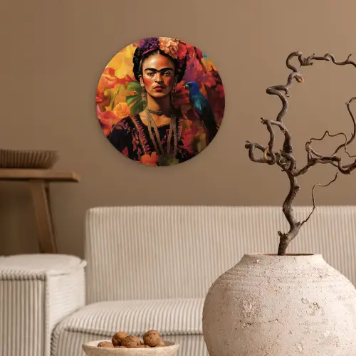 Vrouw - Bloemen - Papegaai - Schilderachtig Wandcirkel kunststof plaat 5mm dik klein -sfeer1