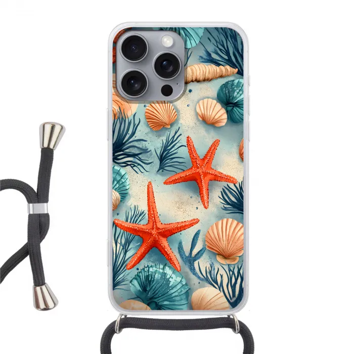 Zeesterren - Schelpen - Illustratie - Zand Hoesje iPhone 16 Pro Max met koord klein -3d