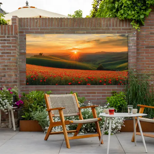 Klaprozen - Bloemen - Heuvels - Zonsondergang Tuinposter op houten frame 2 cm dik xxl -sfeer3