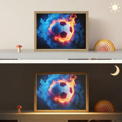Voetbal - Vuur - IJs - Blauw Light Box met batterij (Wandlamp kind) middel -sfeer3_kind