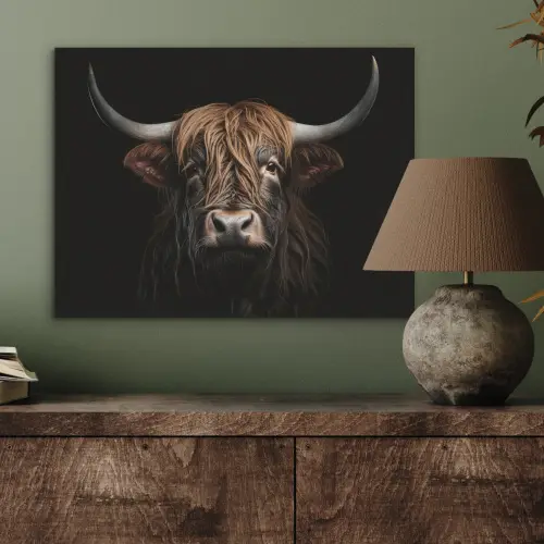 Schotse hooglander - Portret - Zwart - Dier PET vilt klein -sfeer2