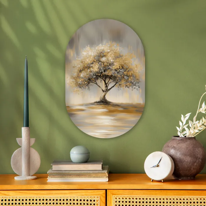 Schilderij - Boom - Abstract - Bladeren Wandcirkel Ovaal Forex klein -sfeer2
