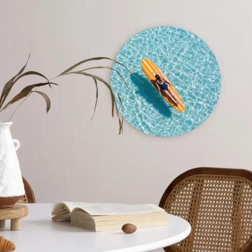 Surfboard - Water - Badpak - Oranje Wandcirkel kunststof plaat 5mm dik klein -sfeer4