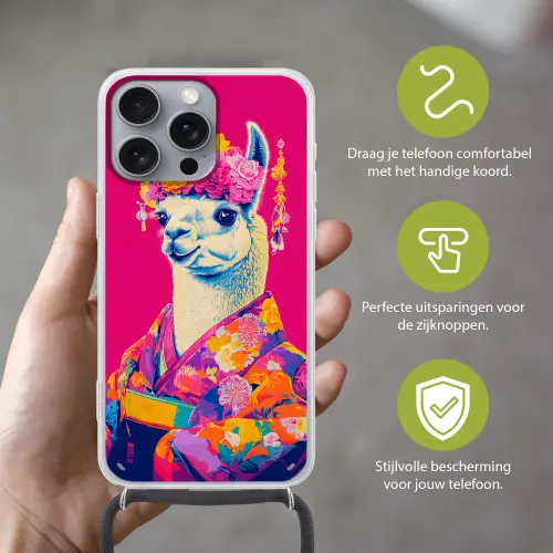 Lama - Kimono - Bloemenkrans - Felroze Hoesje iPhone 16 Pro Max met koord klein -sfeer2_NL