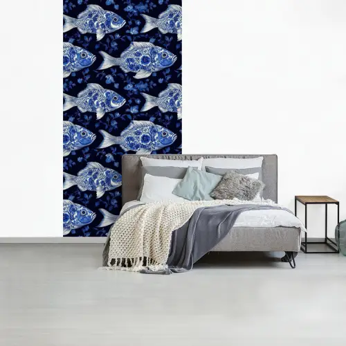 Vissen - Bloemen - Blauw fotobehang vinyl groot 64 -slaapkamer