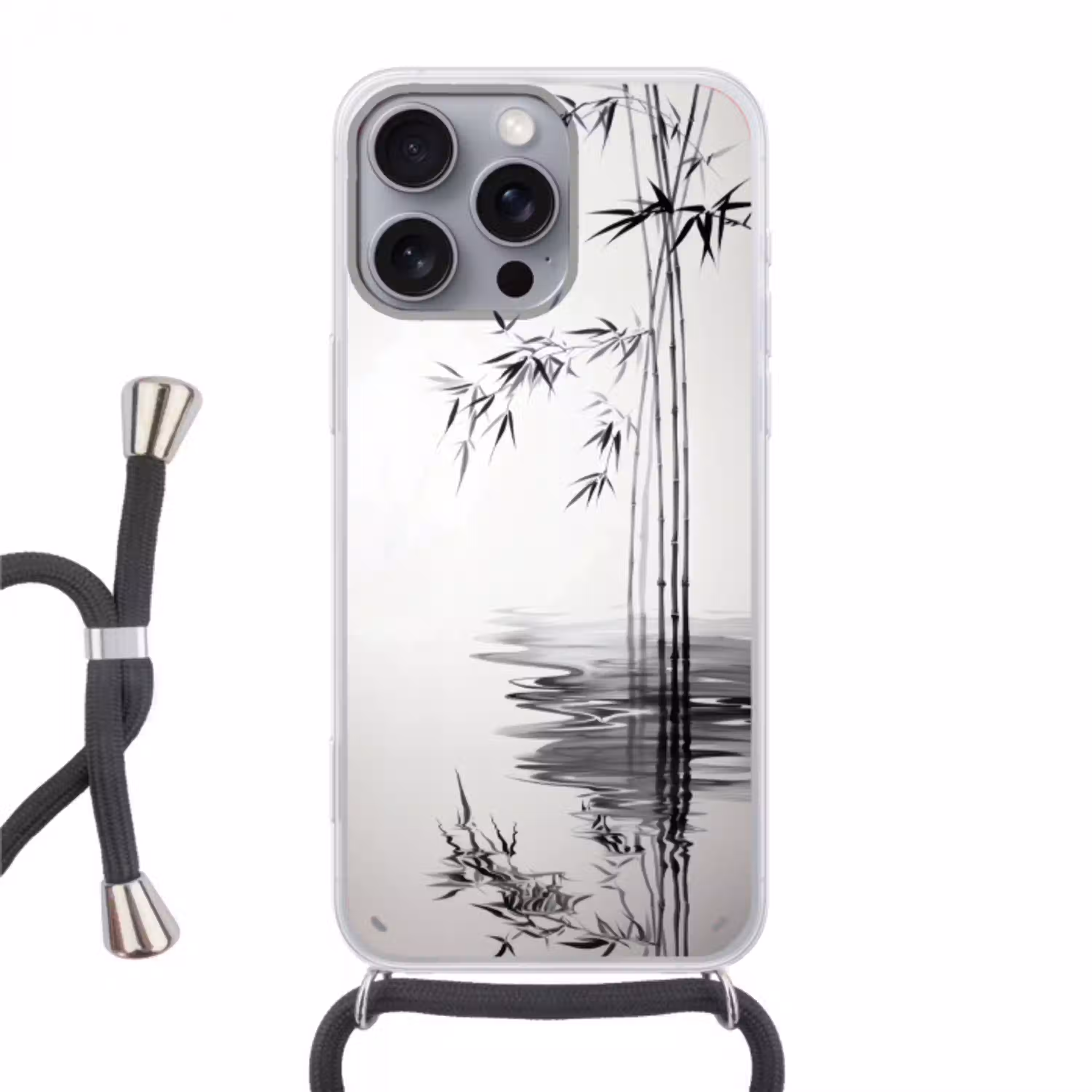 Bamboestammen - Water - Minimalistisch - Wit Hoesje iPhone 16 Pro Max met koord klein -3d