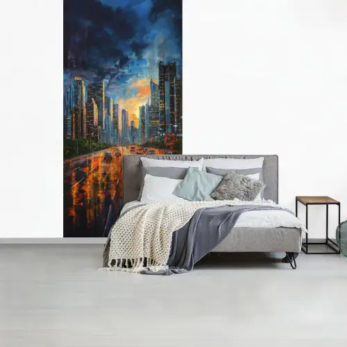 Auto - Skyline - Zon - Blauw fotobehang vinyl groot -slaapkamer