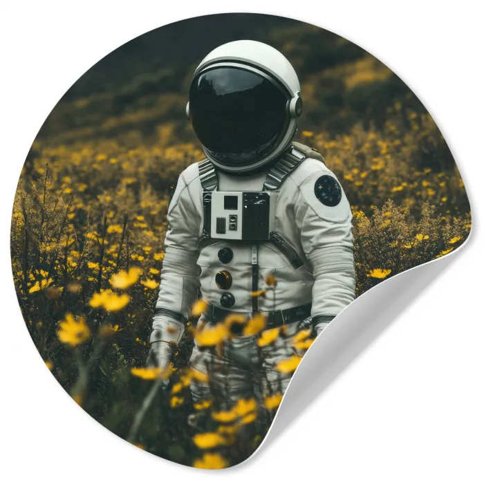 Astronaut - Bloemen - Veld - Geel Wandcirkel behangsticker klein -3d