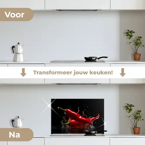 Peper - Rood - Zwart - Water - Groente keuken achterwand spatscherm klein -voor_na_NL