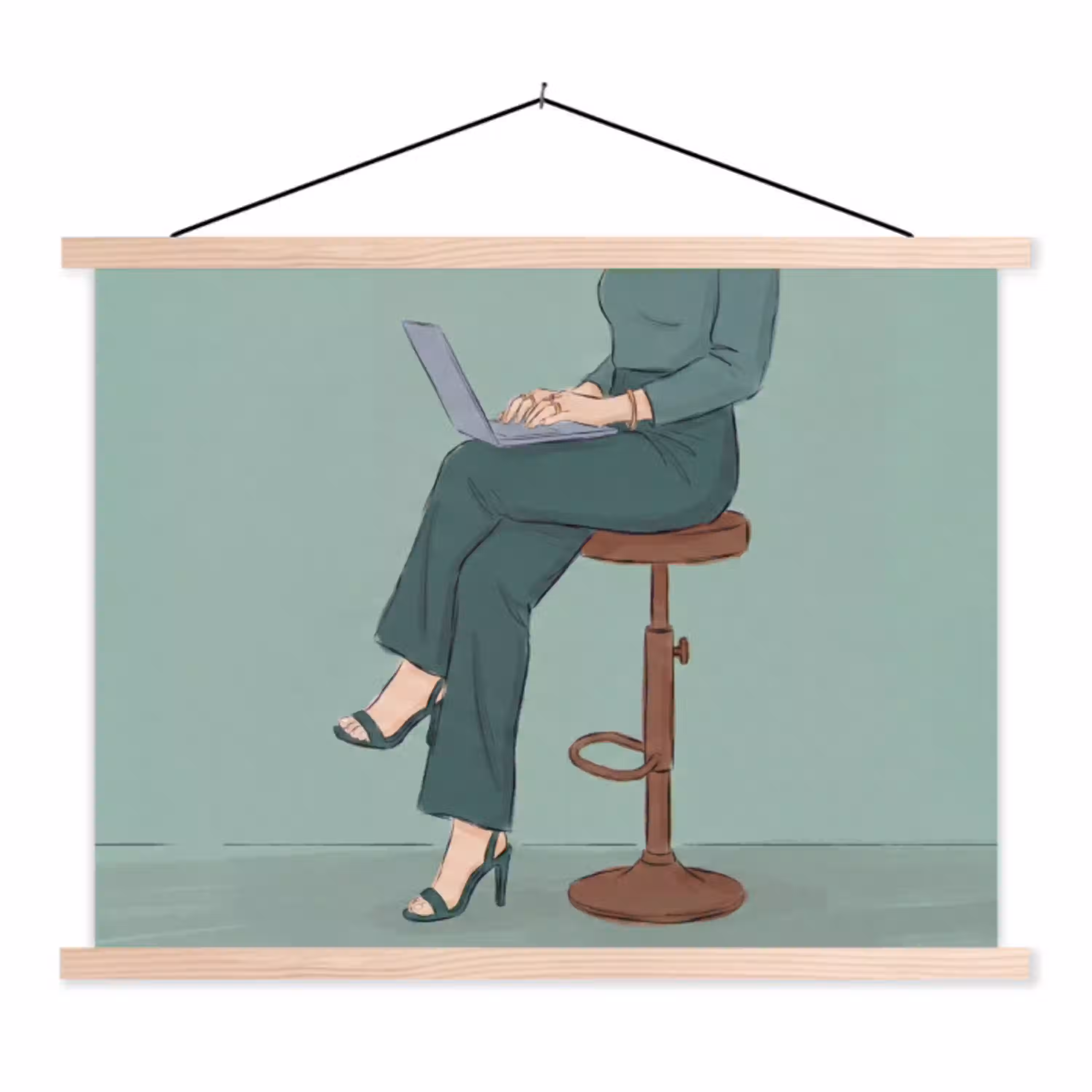 Vrouw - Laptop - Zittend - Illustratie - Groen textielposter latten blank klein -3d