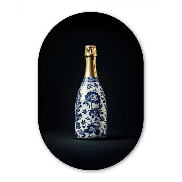 Champagne - Bloemen - Goud - Chique Wandcirkel Ovaal Glas middel -3d