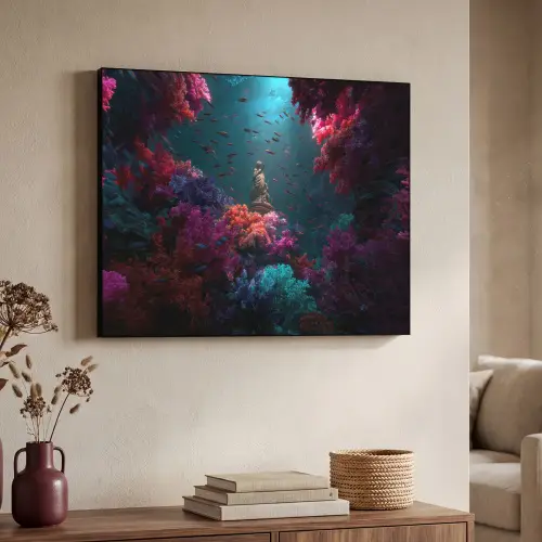 Standbeeld - Zeebodem - Koraal - Kleurrijk Textielframe zwart klein -sfeer3