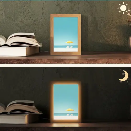 Strand - Blauwe lucht - Geel - Parasol Light Box met kabel (Tafellamp) klein -sfeer3