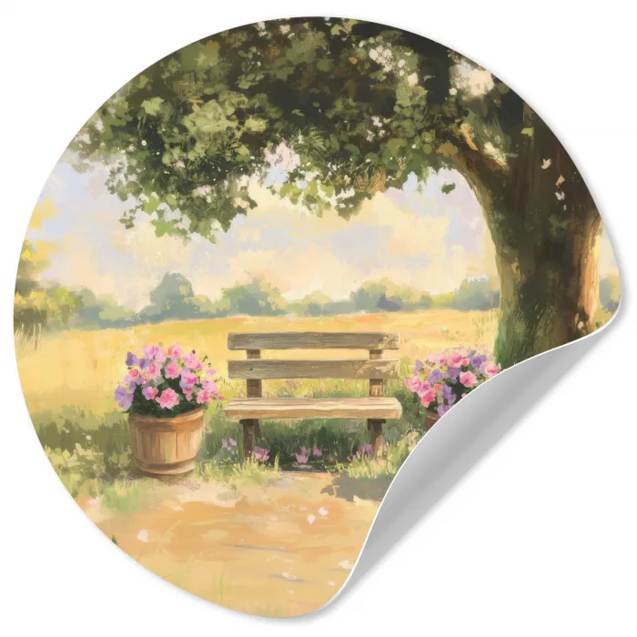Houten bankje - Bloempotten - Landschap Wandcirkel behangsticker klein -3d