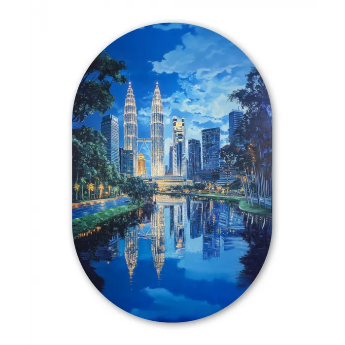 Stad Kuala Lumpur - Skyline - Wolkenkrabbers - Water Wandcirkel Ovaal Glas middel -3d