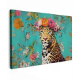Luipaard - Bloemen - Kroon Tuinposter op houten frame 2 cm dik klein -3d