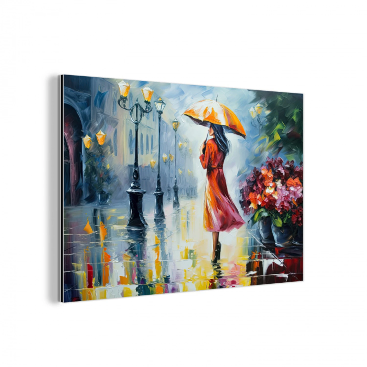 Olieverf - Paraplu - Vrouw - Straat - Kunst aluminium wit klein -3d