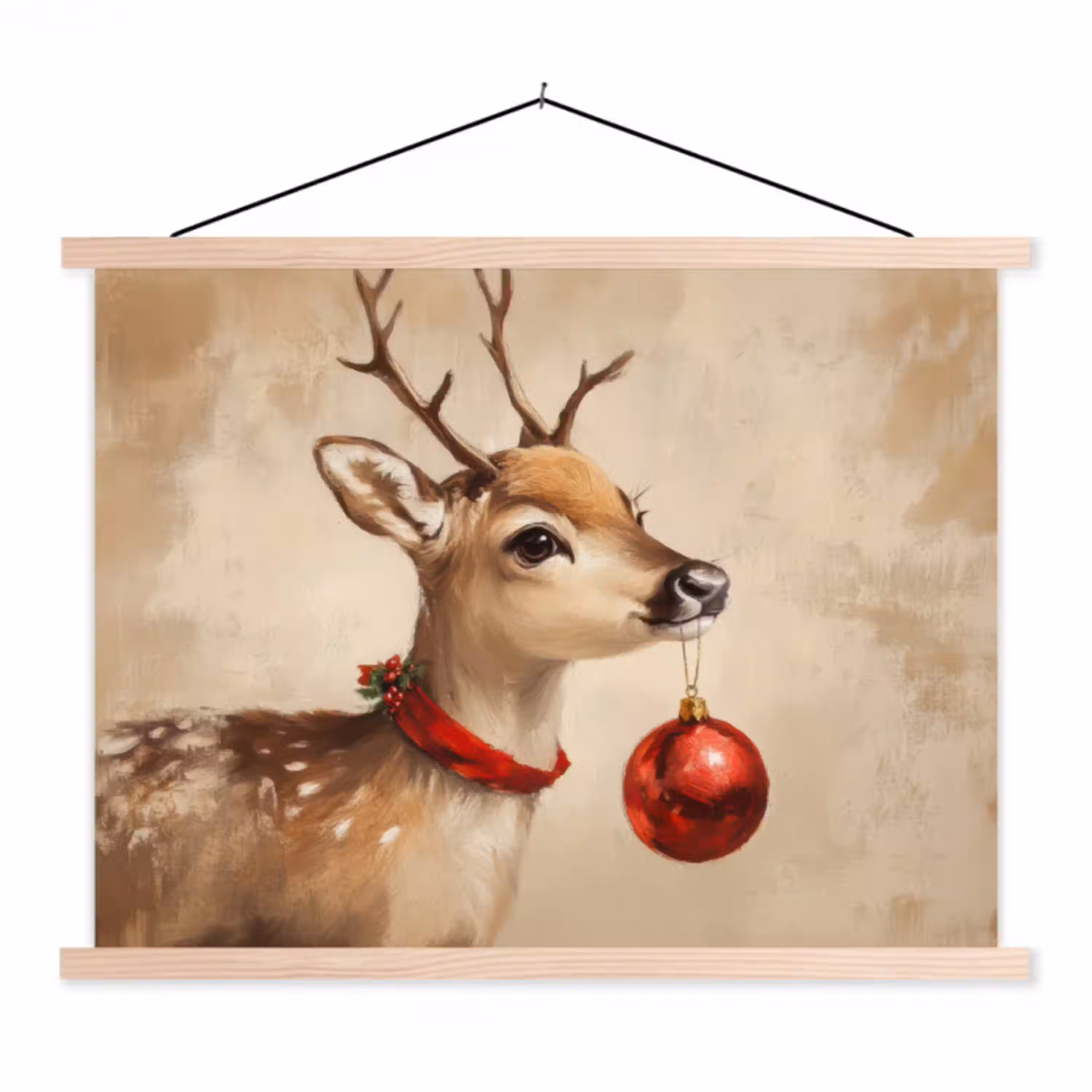 Kerst - Hert - Gewei - Kerstbal - Rendier textielposter latten blank klein -3d