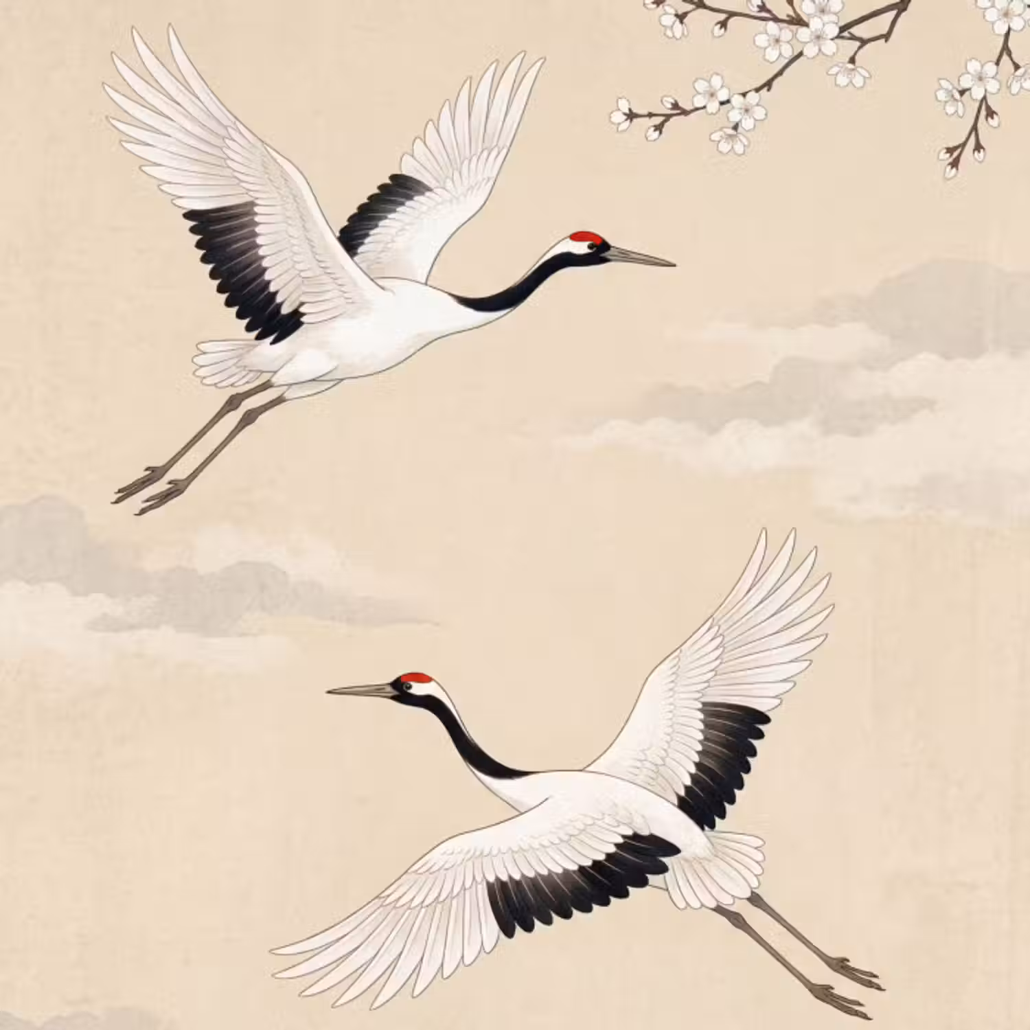 Behang - Kraanvogels - Bloesem - Beige