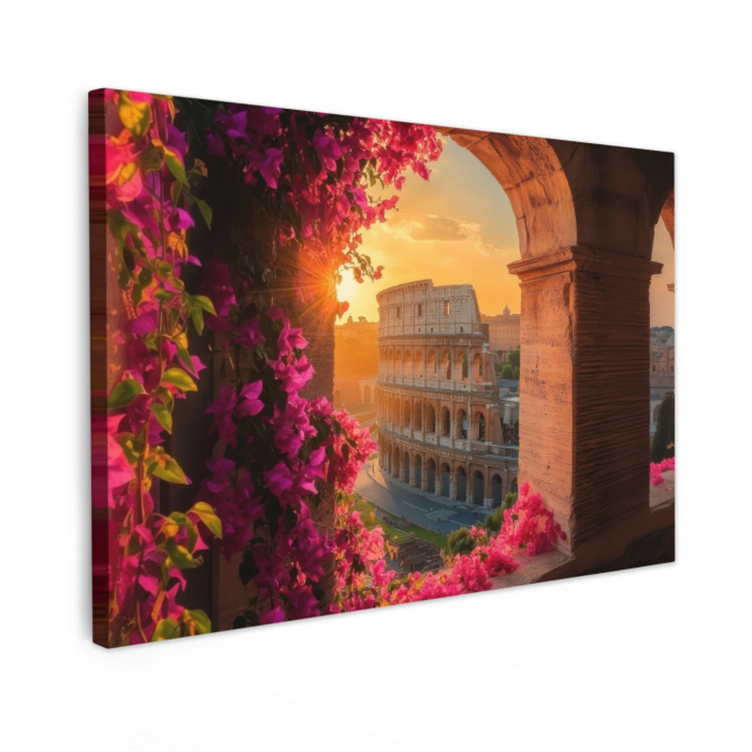 Colosseum - Rome - Roze Bloemen Tuinposter op houten frame 2 cm dik klein -3d