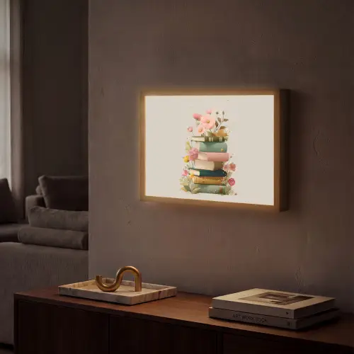 Boeken - Stapel - Bloemen - Kleurrijk Light Box met batterij (Wandlamp) middel -sfeer1