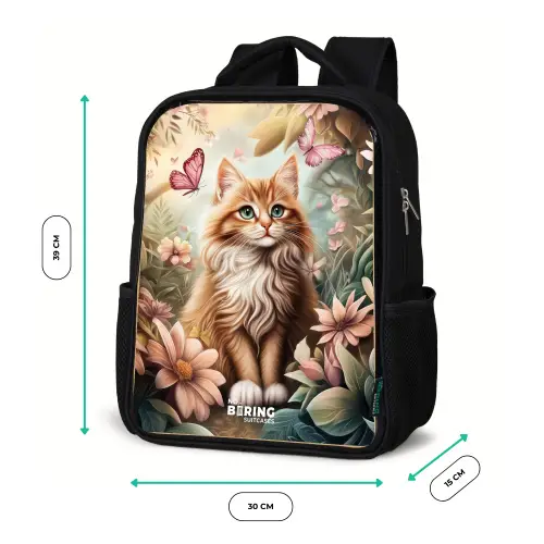 Kat in bloemenveld met roze vlinders. Rugzak - Zwart middel -productfoto_formaten