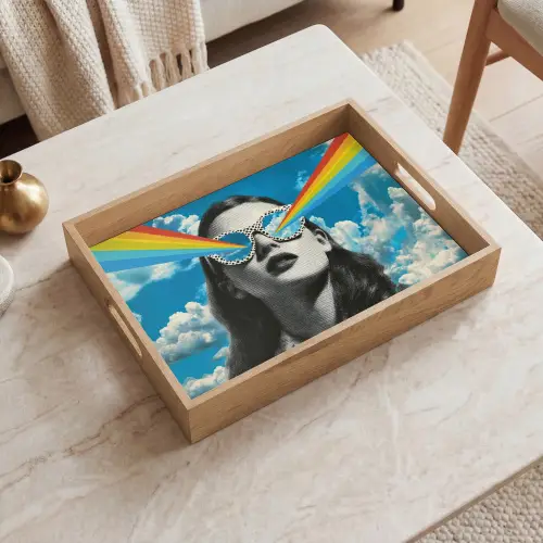 Vrouw - Bril - Regenboog - Wolken Dienblad Rechthoek middel -sfeer1