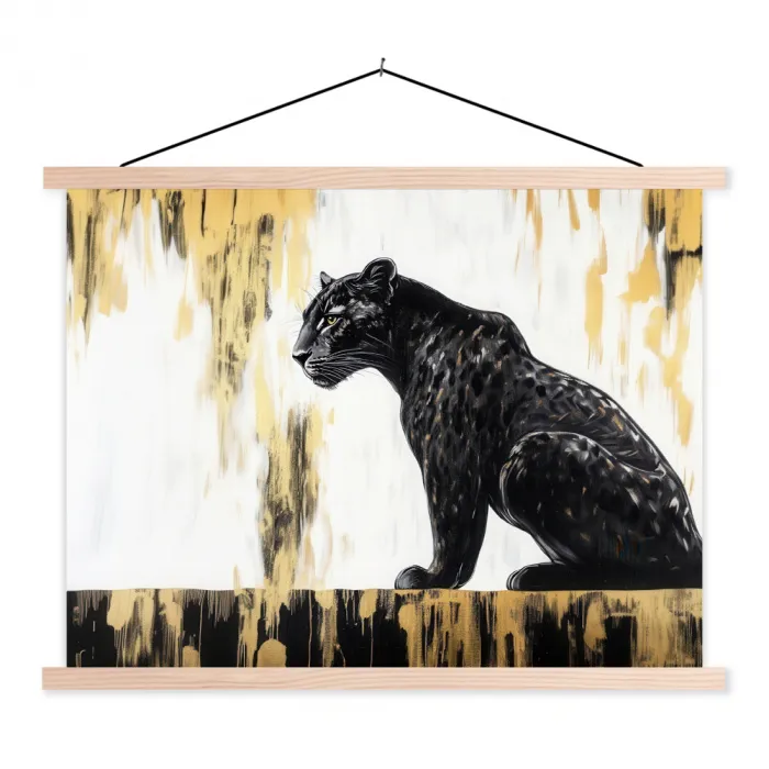 Panter - Zwart - Abstract - Goud textielposter latten blank klein -3d