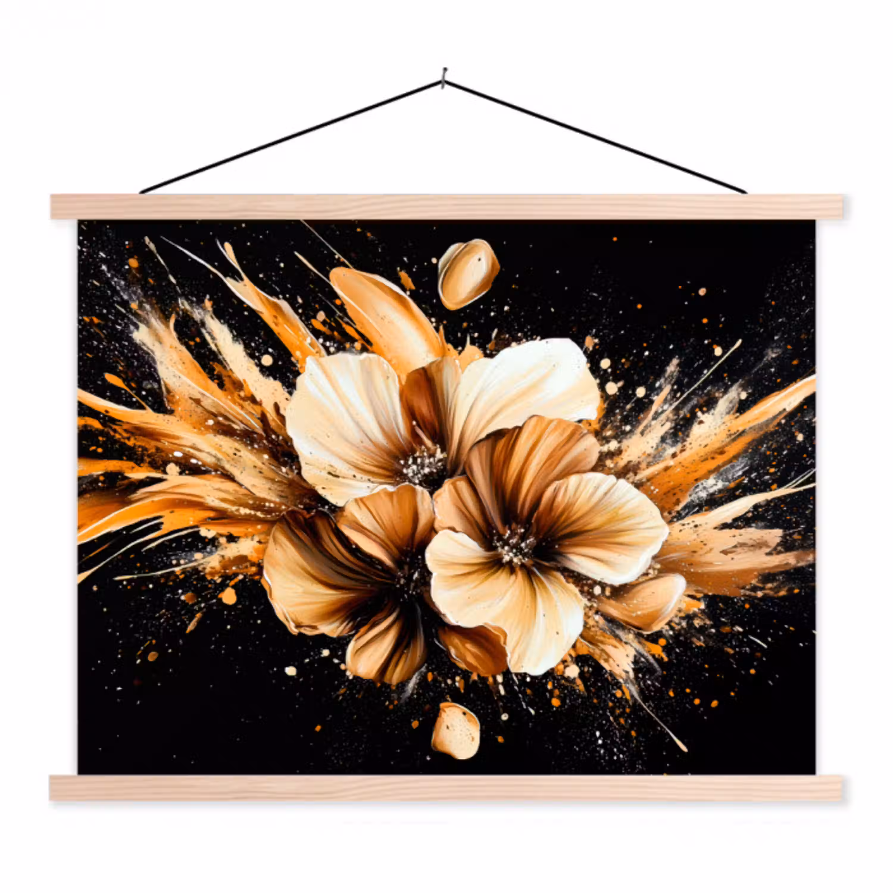 Bloemen - Goud - Graffiti - Zwart - Abstract textielposter latten blank klein -3d