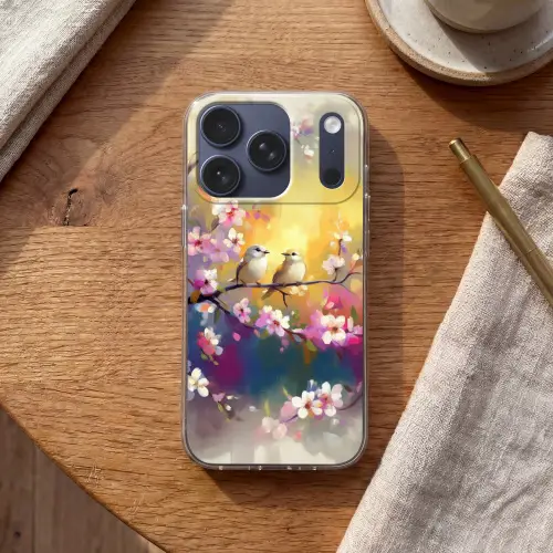 Vogels - Bloemen - Roze Telefoonhoesje iPhone 17 Pro klein -sfeer1