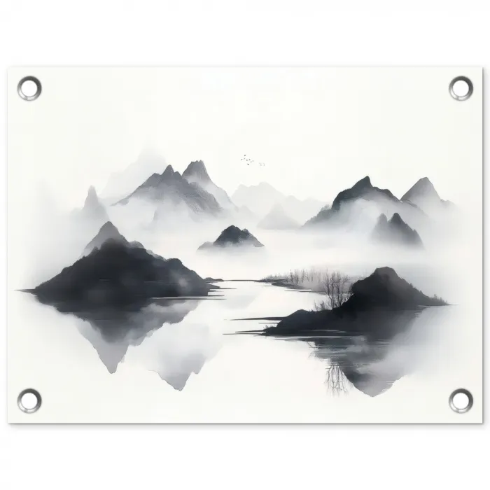 Bergen - Mistig - Water - Wit tuinposter los doek klein -3d