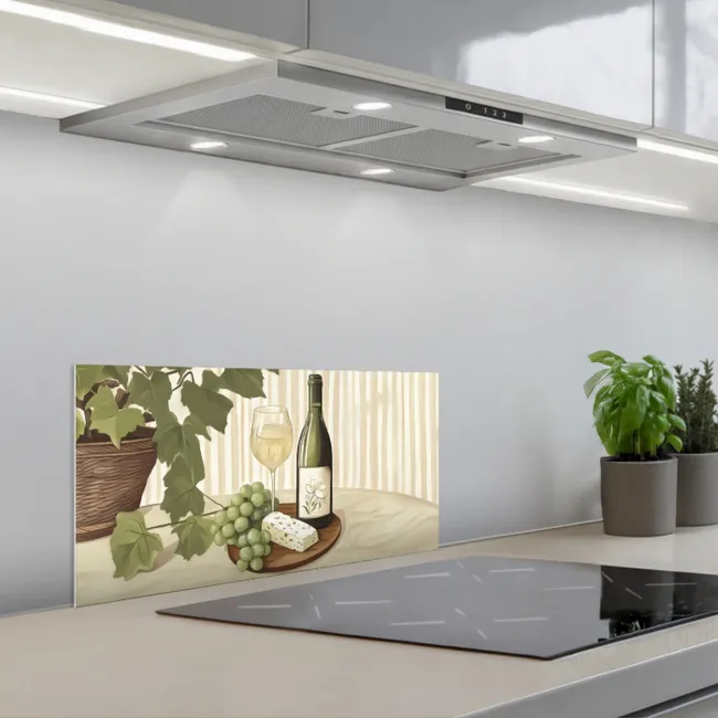 Wijn - Druiven - Kaas - Bladeren keuken achterwand spatscherm klein -3d_schuin
