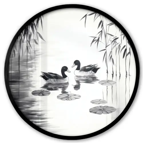Eenden - Waterlelies - Riet - Zwart Fotolijst rond zonder passe partout klein -3d