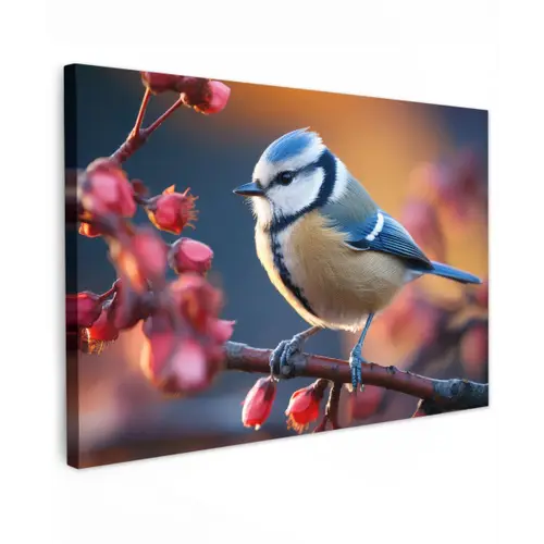 Pimpelmees bij Bloesems Tuinposter op houten frame 2 cm dik klein -3d