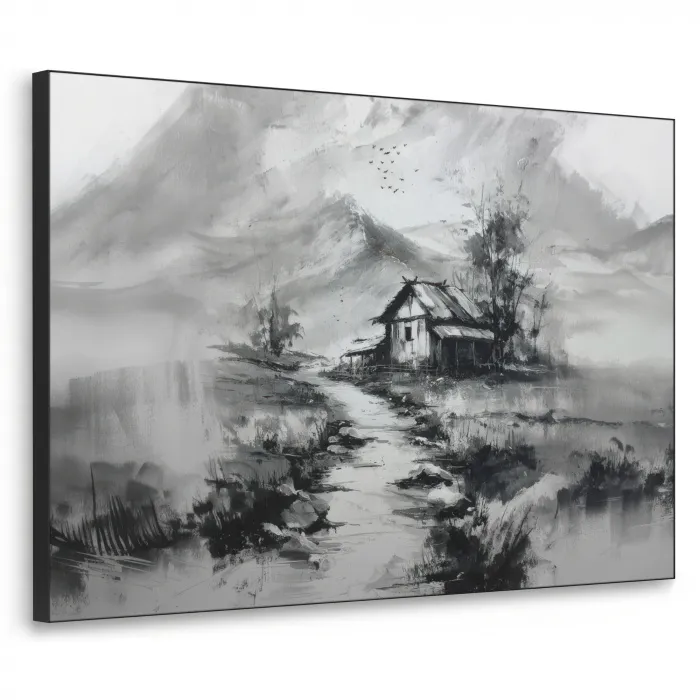 Hut - Grijs - Bergen - Mistig Textielframe zwart klein -3d