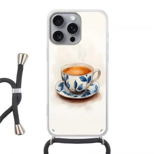 Theekop - Bladeren - Blauw Hoesje iPhone 16 Pro Max met koord klein -3d