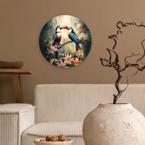 Toekan - Vogels - Bloemen - Natuur - Jungle Wandcirkel kunststof plaat 5mm dik klein -sfeer1