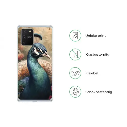 Pauw - Vogel - Bloemen - Planten - Pauwenveren Telefoonhoesje Samsung Galaxy S10 Lite klein -specsS10Lite