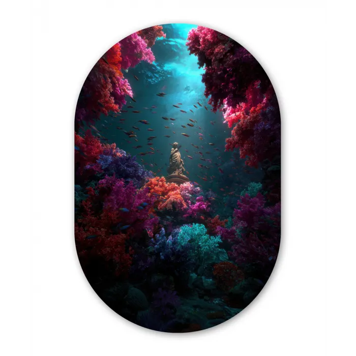 Standbeeld - Zeebodem - Koraal - Kleurrijk Wandcirkel Ovaal Glas middel -3d