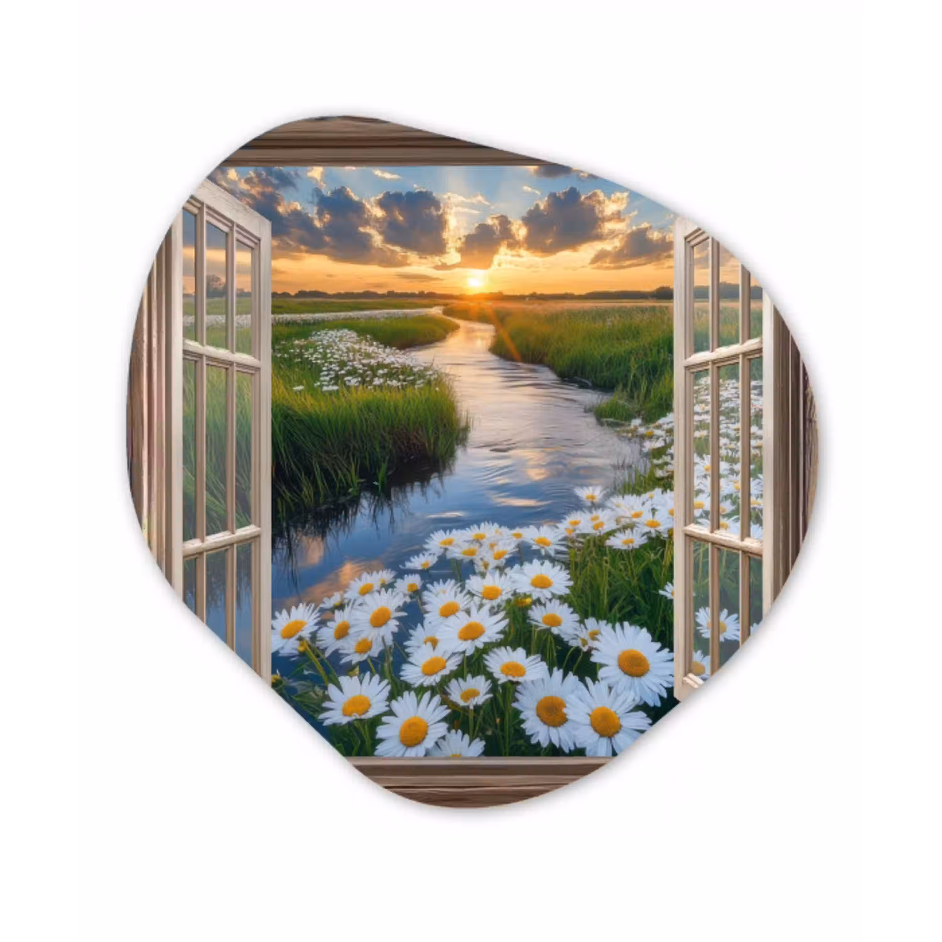 Doorkijk - Landschap - Raam - Water - Zonsondergang Wandcirkel Organisch Aluminium middel -3d