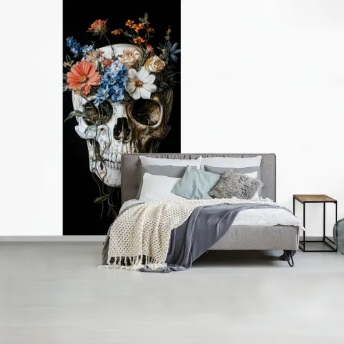 Bloemen - Schedel - Kleurrijk fotobehang vinyl groot -slaapkamer