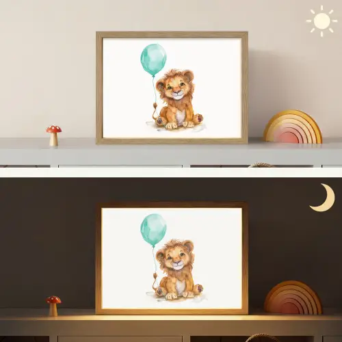 Leeuw - Baby dier - Blauwe ballon Light Box met batterij (Wandlamp kind) middel -sfeer3_kind