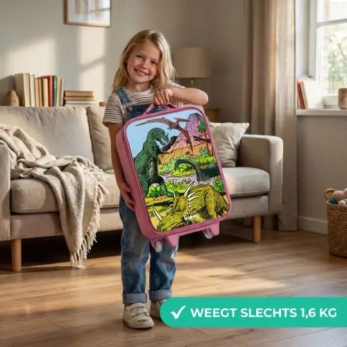 Dino's bij een vulkaan Kinderkoffer - Roze klein -sfeer2_NL