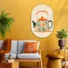 Oranje - Theepot - Bloemen - Bladeren Wandcirkel Ovaal Glas middel -sfeer4