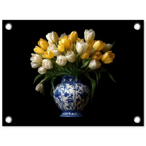 Geel - Tulpen - Vaas - Bloemen tuinposter los doek klein -3d