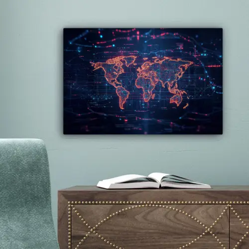Wereldkaart - Futuristisch - Oranje canvas 2cm klein -sfeer4