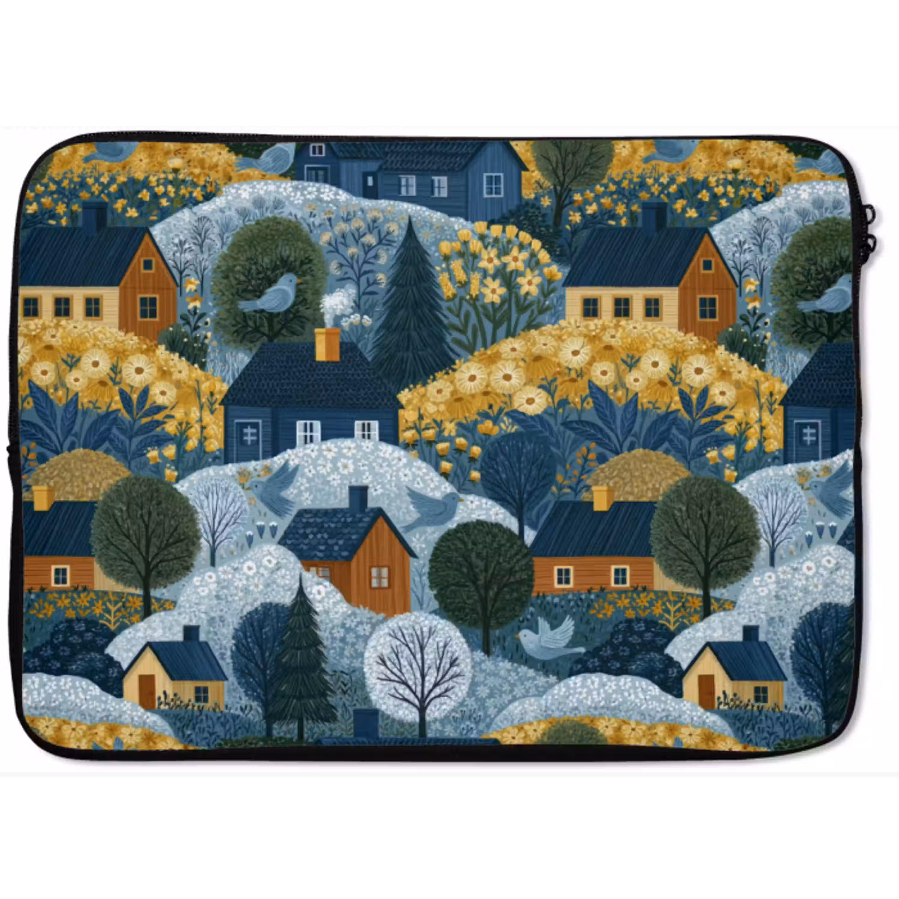 Huisjes - Bloemen - Patroon - Geel - Blauw laptophoes neopreen klein 279 -zkaufland3dotto