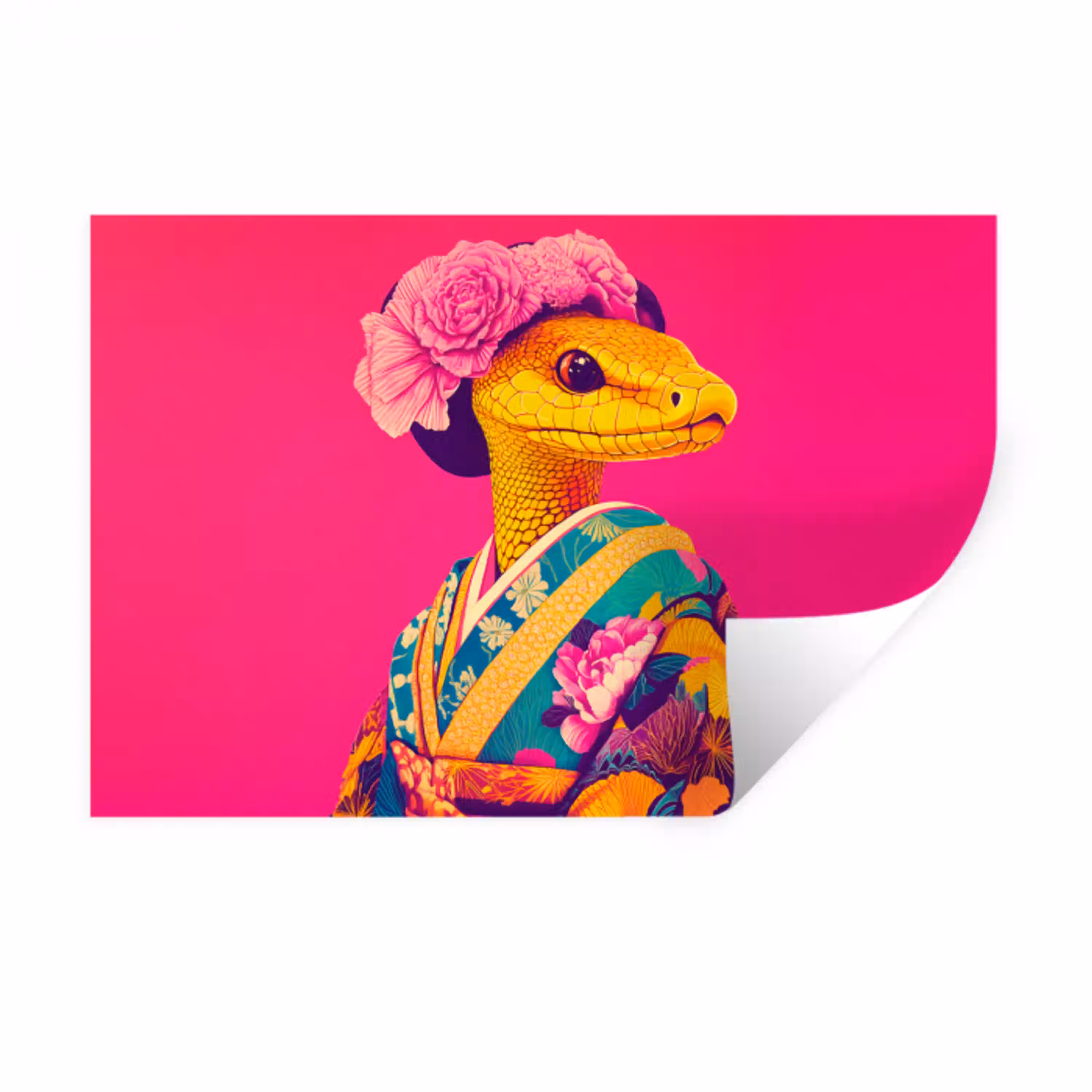 Hagedis - Bloemen - Roze - Kimono Muursticker klein -3d