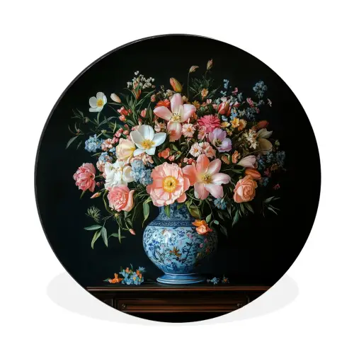 Roze - Bloemen - Vaas - Kleuren Wandcirkel aluminium klein -3d