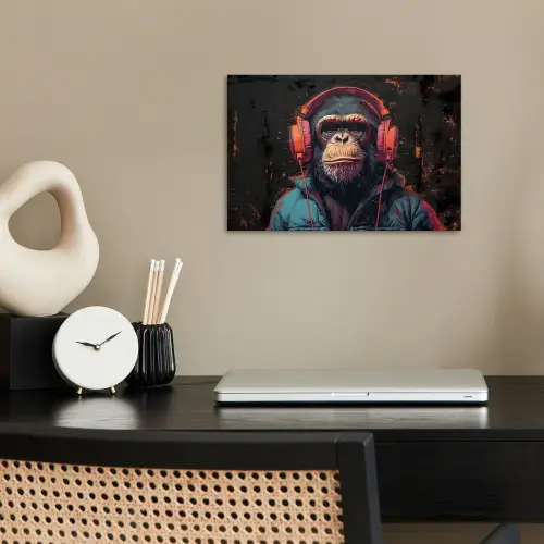 Graffiti - Chimpansee - Koptelefoon - Aap poster papier klein -sfeer1